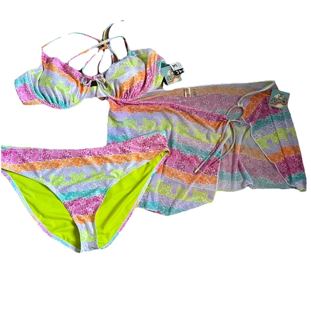 NWT Bluc Pink Pineapple floral colorful 3Pc Bikini Set With Cover 3x